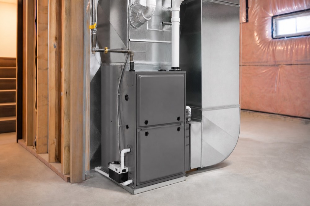 Modern high-efficiency residential furnace installed in a clean basement mechanical room