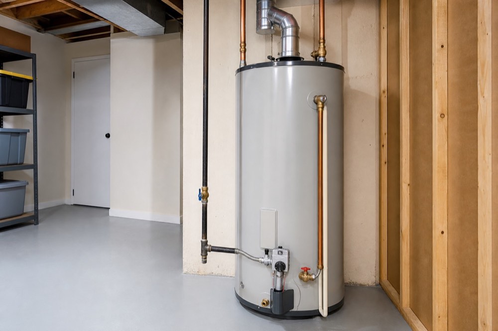 Residential tank water heater installed in a clean basement mechanical room