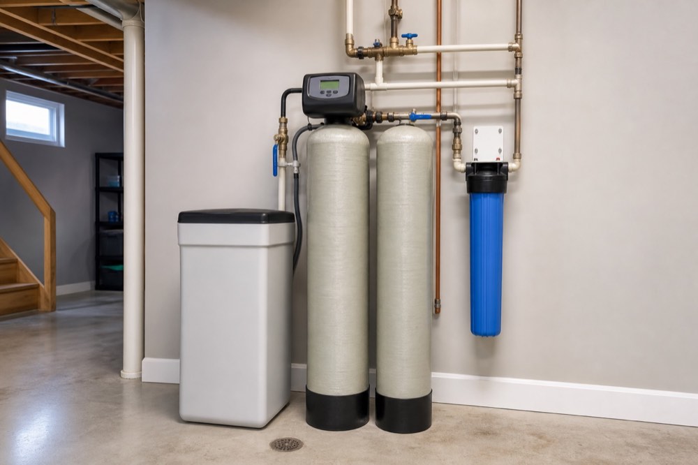 Whole-home water filtration and treatment equipment installed in a clean utility room