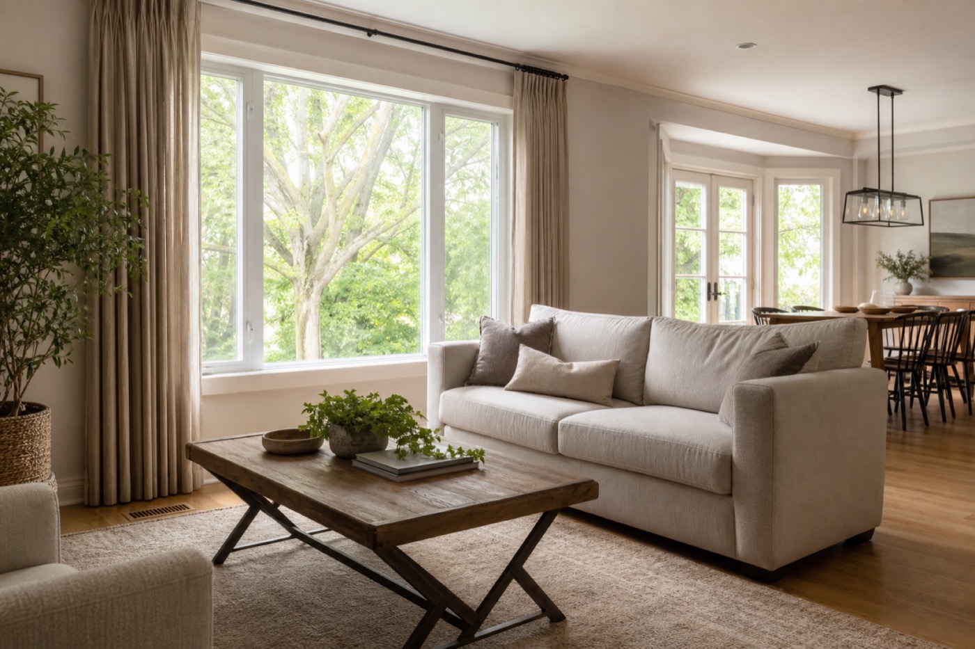 Bright comfortable open-plan living room in a Southern Ontario home