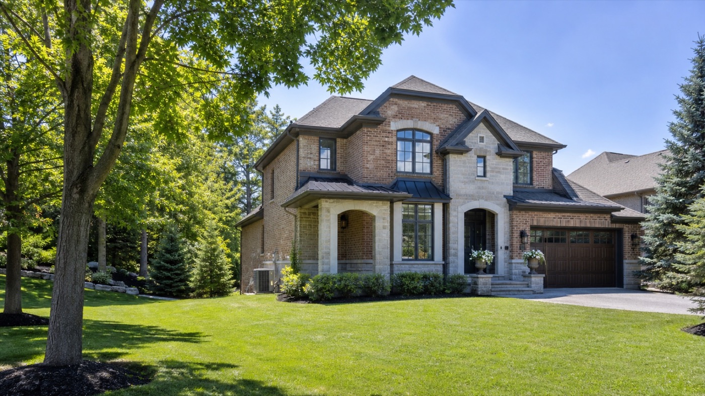 Large brick and stone Southern Ontario home in summer